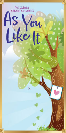 The "As You Like It" poster features a whimsical tree with a love note on its trunk, in front of a blue-and-pink background.