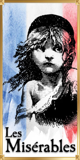 The "Les Miserables" poster features the waif girl in front of a watercolo reproduction of the French flag.