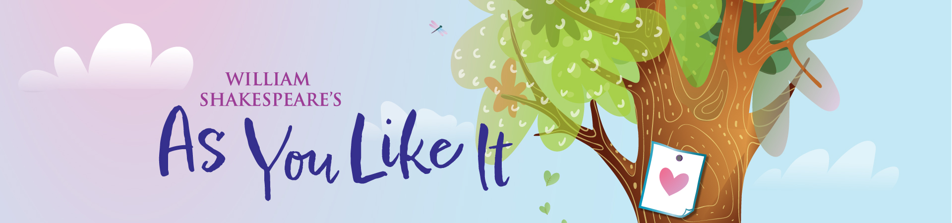 Slider of bluish-pink "sky" background with a tree in the foreground. It features green foliage in a cartoonish style and a love note tacked to the front. Text reads, "William Shakespeare's As You Like It."