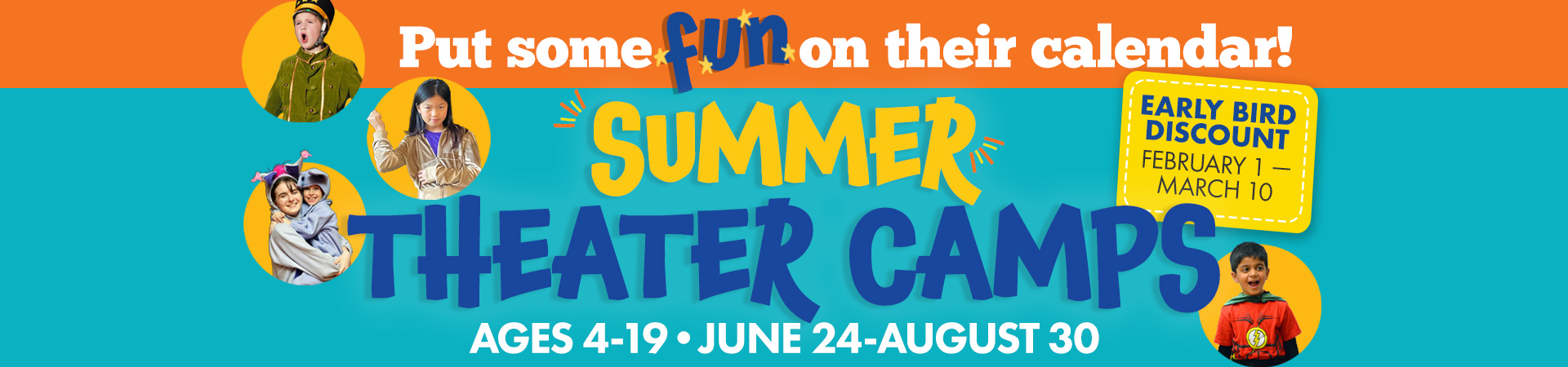A blue and orange banner with the words " one fun on the summer water camp ".