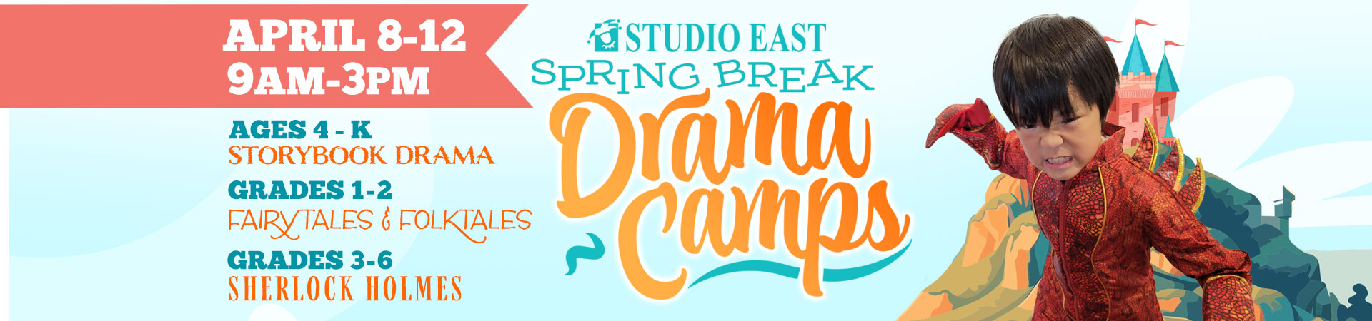 Spring Break Camps slider graphic shows an adorable boy dressed as a dragon
