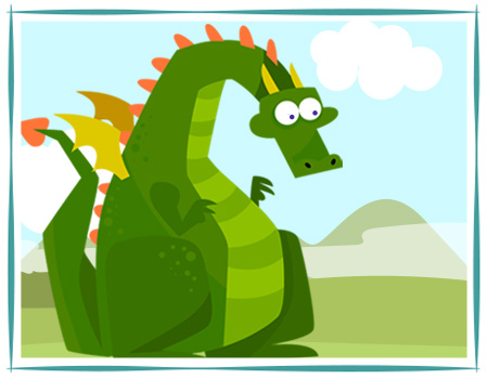 An illustration of a green dragon standing in front of a mountain range.