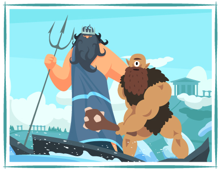 An illustration of Poseidon and a Cyclops standing on a rock in the sea in front of a cityscape.