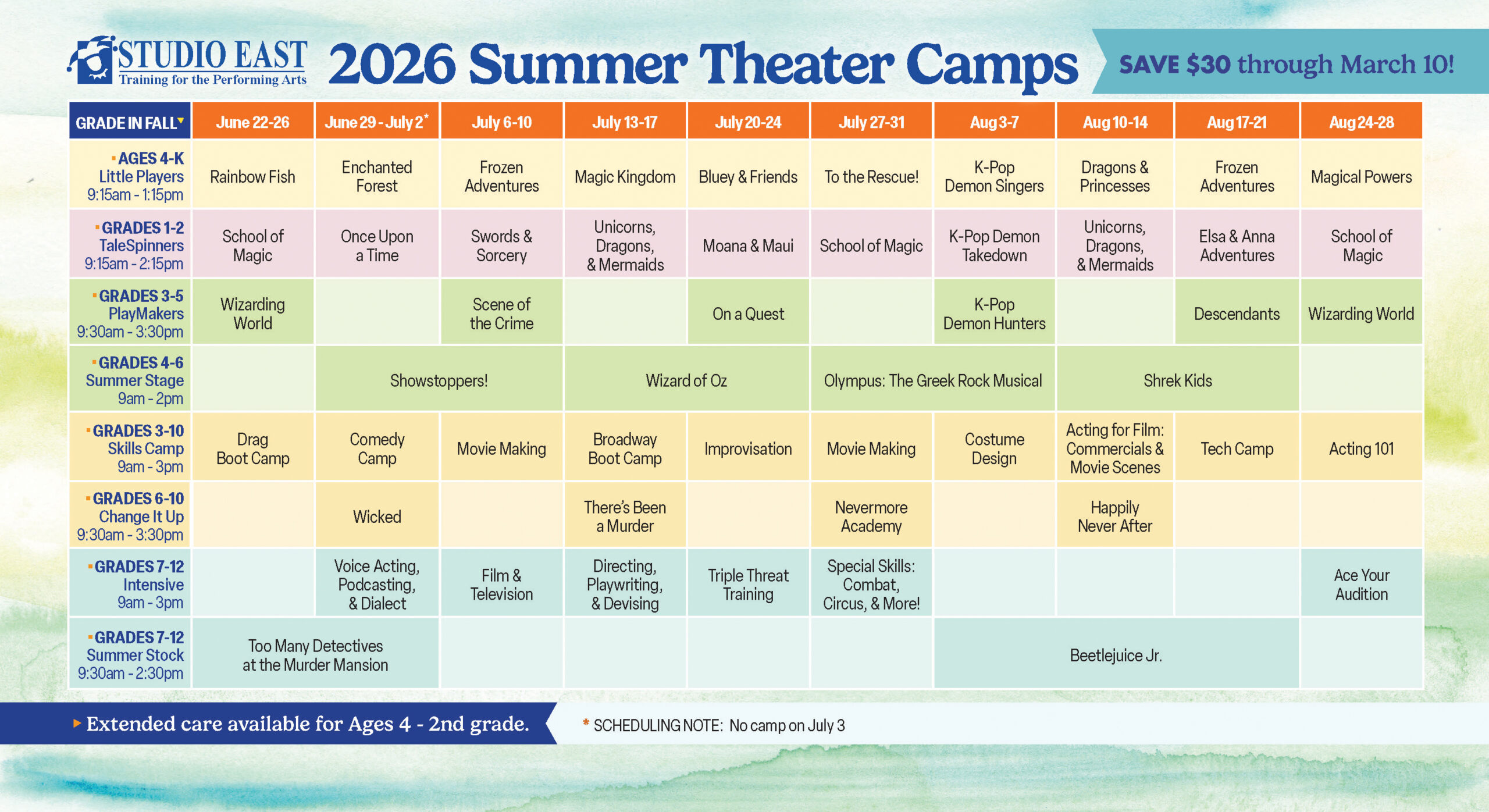 Studio East 2026 Summer Camp Schedule At-A-Glance